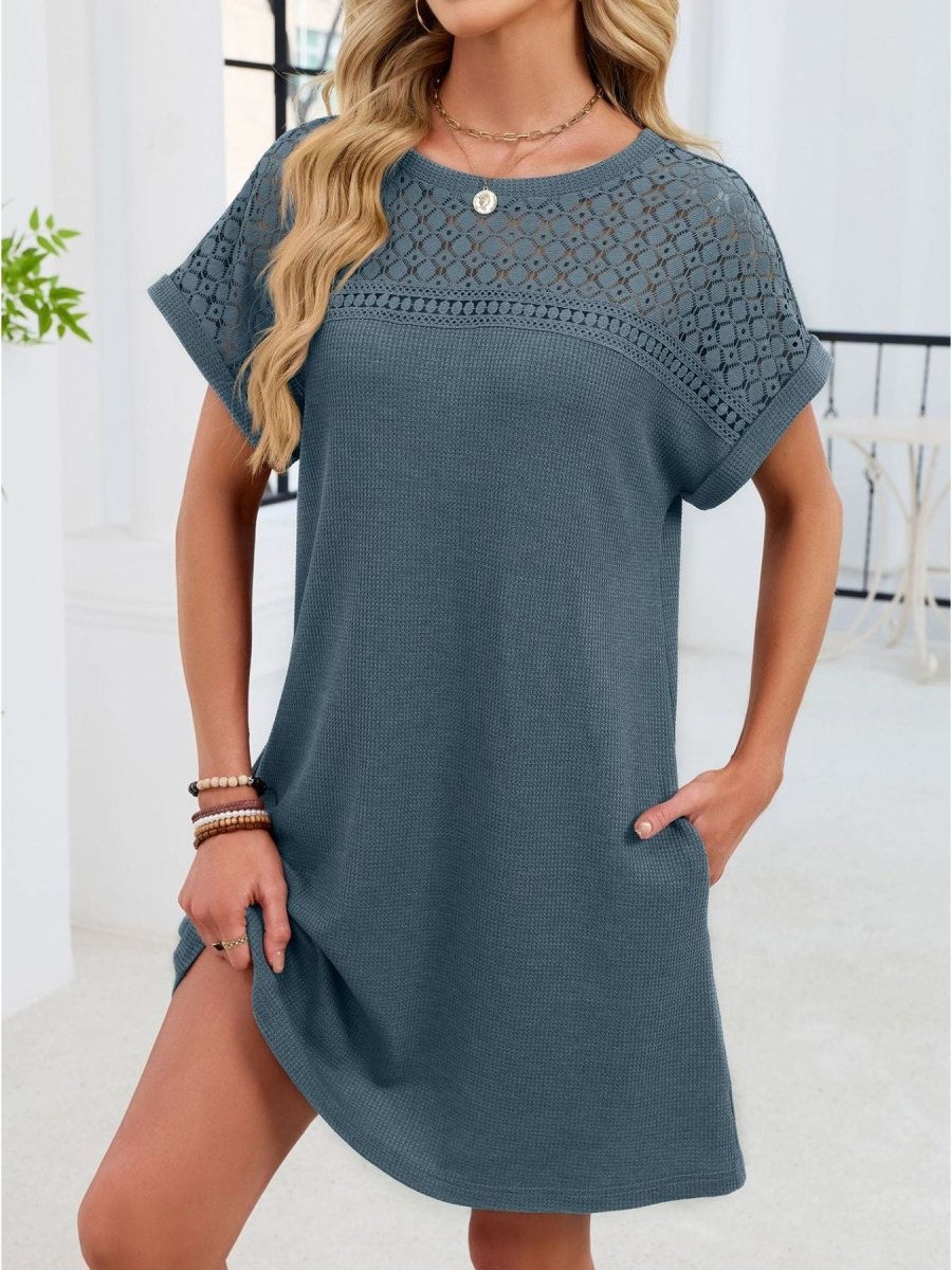 Lace Round Neck Short Sleeve T-Shirt Dress - Wow Store