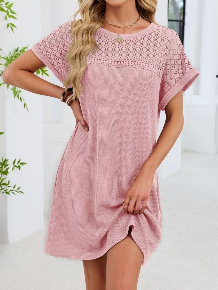 Lace Round Neck Short Sleeve T-Shirt Dress - Wow Store