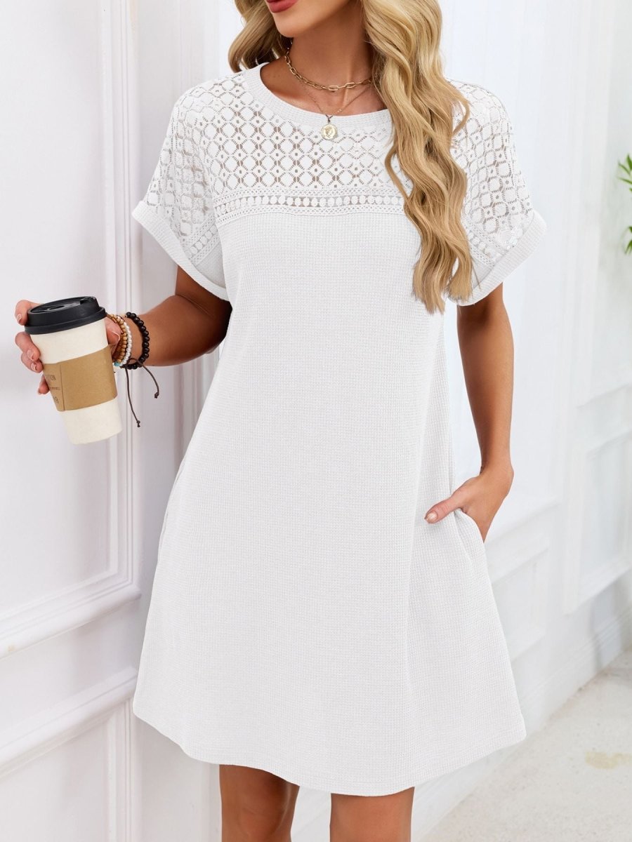 Lace Round Neck Short Sleeve T-Shirt Dress - Wow Store