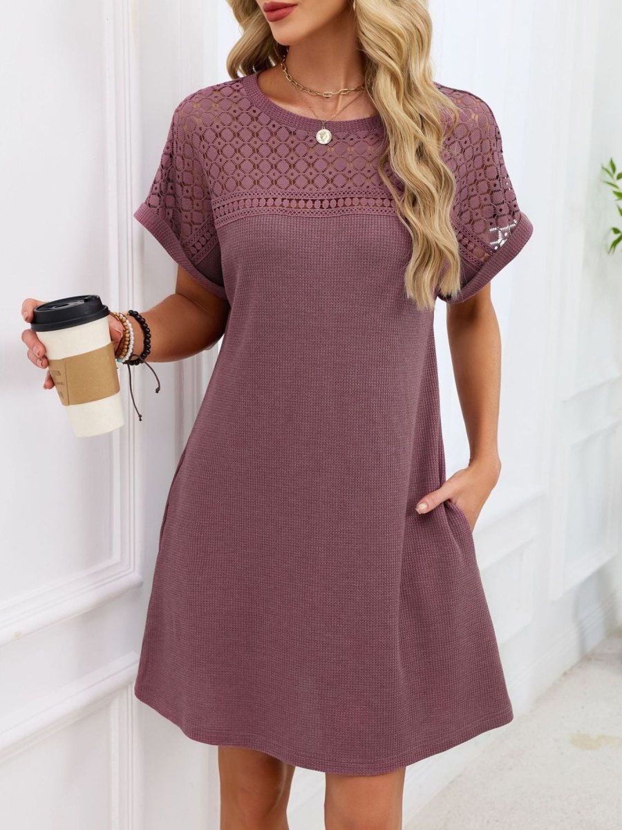 Lace Round Neck Short Sleeve T-Shirt Dress - Wow Store
