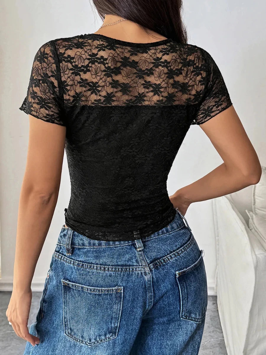 Lace Round Neck Short Sleeve Top - Wow Store
