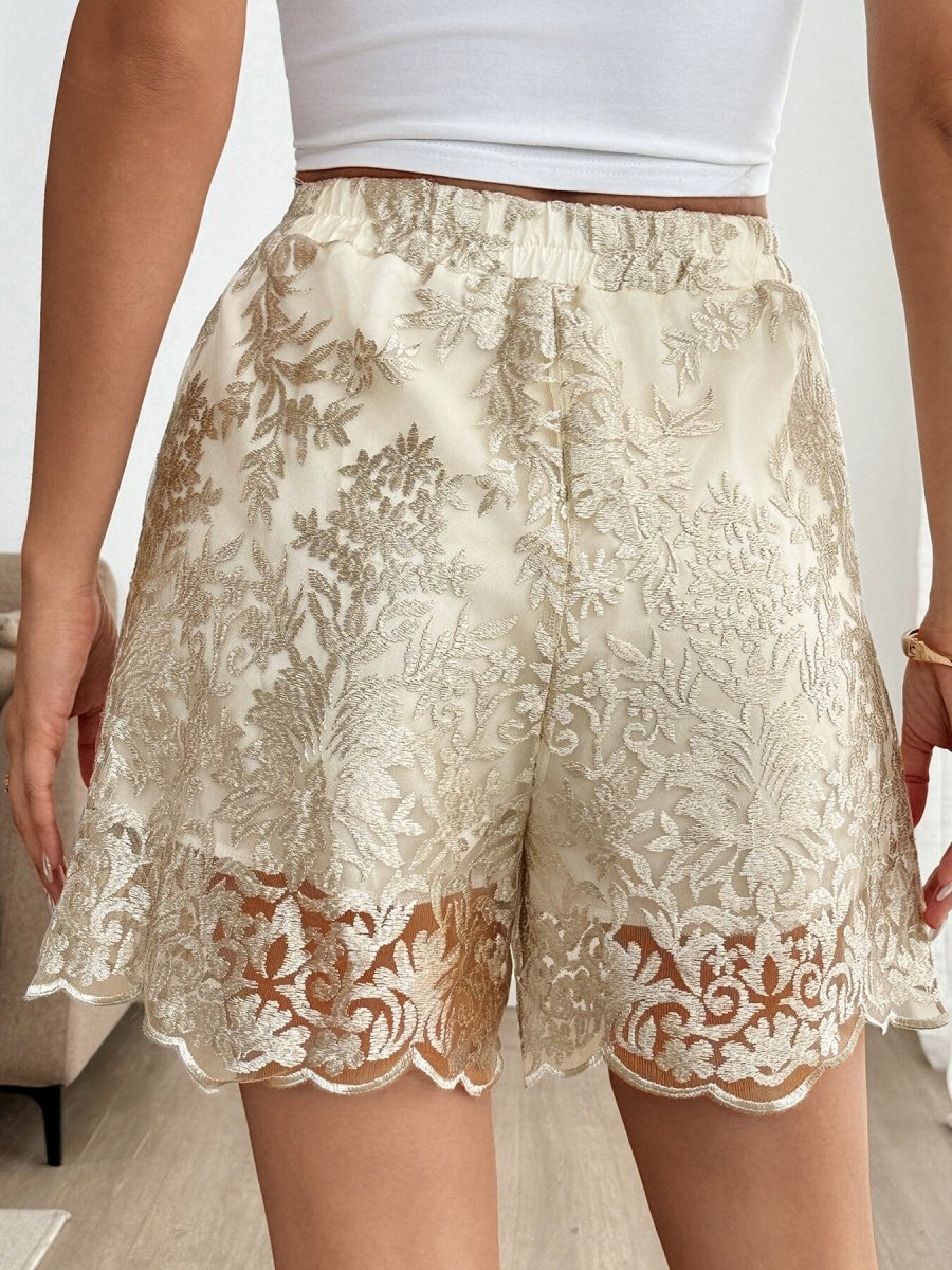 Lace Scalloped Hem Elastic Waist Shorts - Wow Store