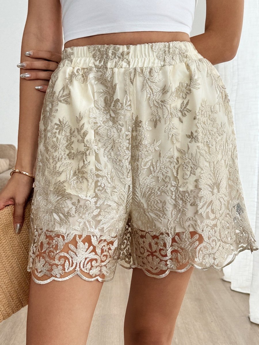 Lace Scalloped Hem Elastic Waist Shorts - Wow Store