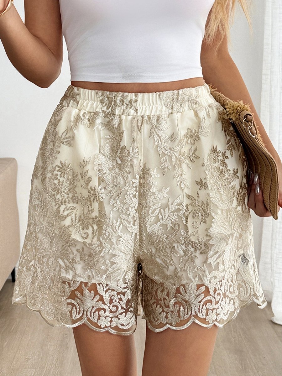Lace Scalloped Hem Elastic Waist Shorts - Wow Store