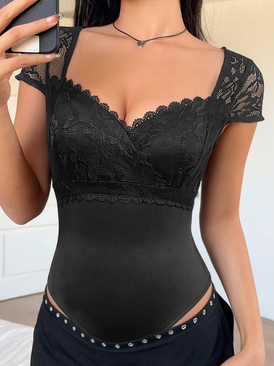Lace Sweetheart Neck Cap Sleeve Bodysuit - Wow Store