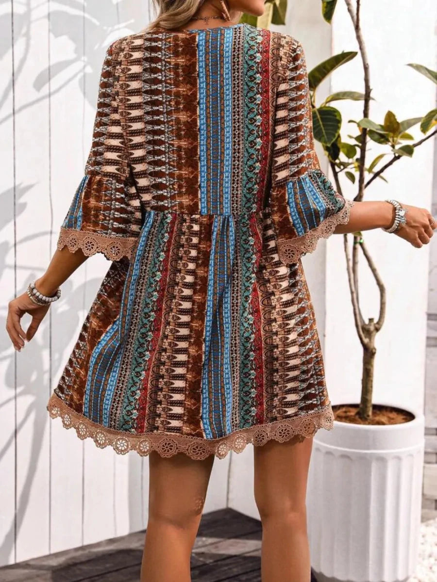 Lace Trim Printed V - Neck 3/4 Sleeve Dress - Wow Store