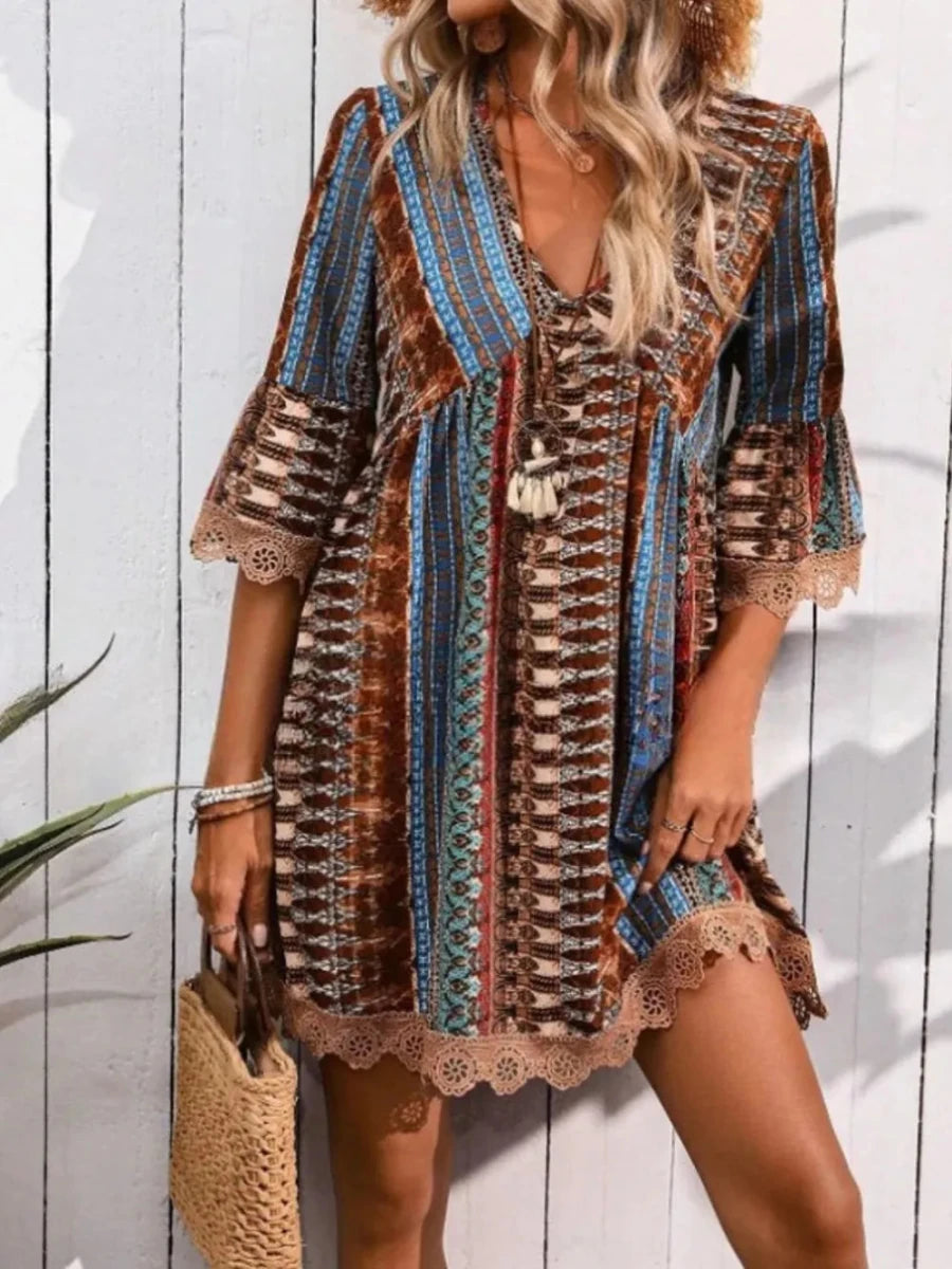 Lace Trim Printed V - Neck 3/4 Sleeve Dress - Wow Store