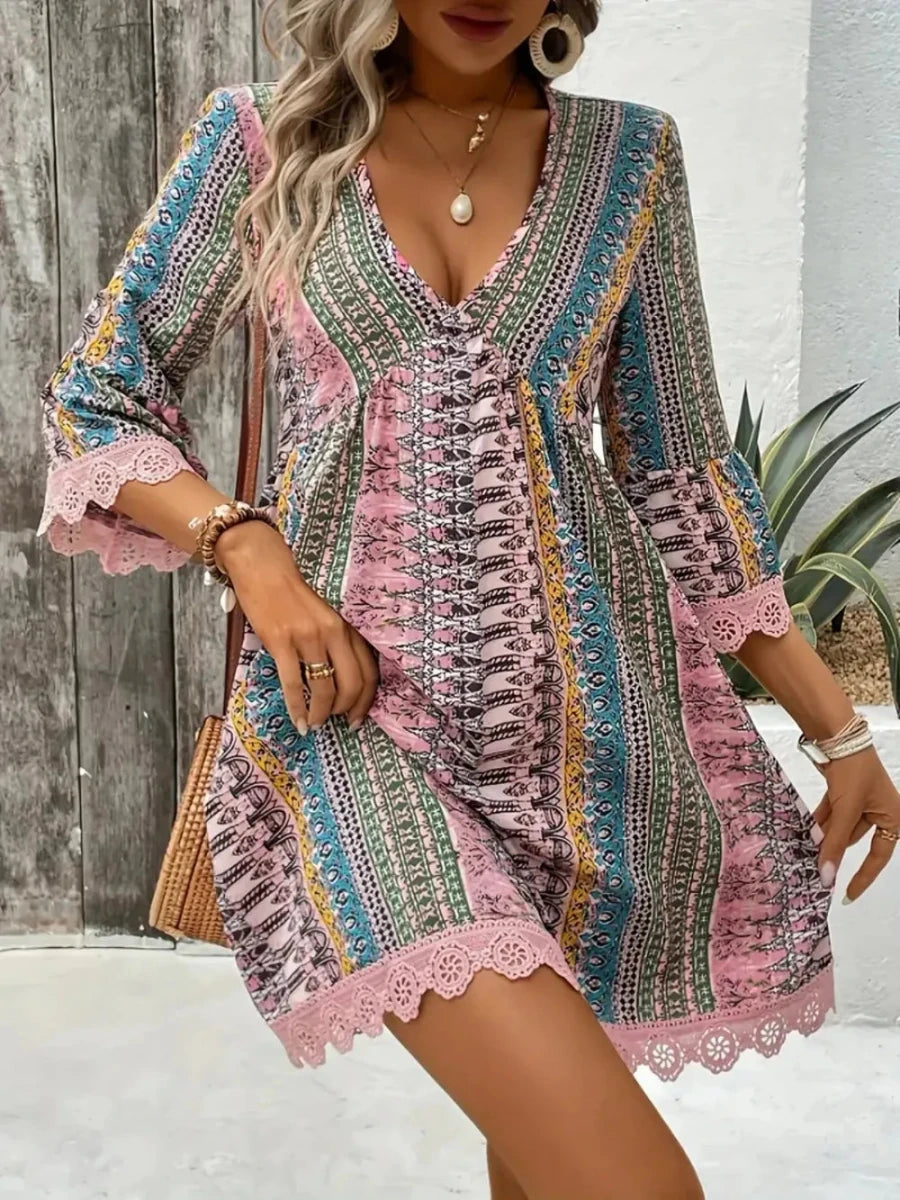 Lace Trim Printed V - Neck 3/4 Sleeve Dress - Wow Store