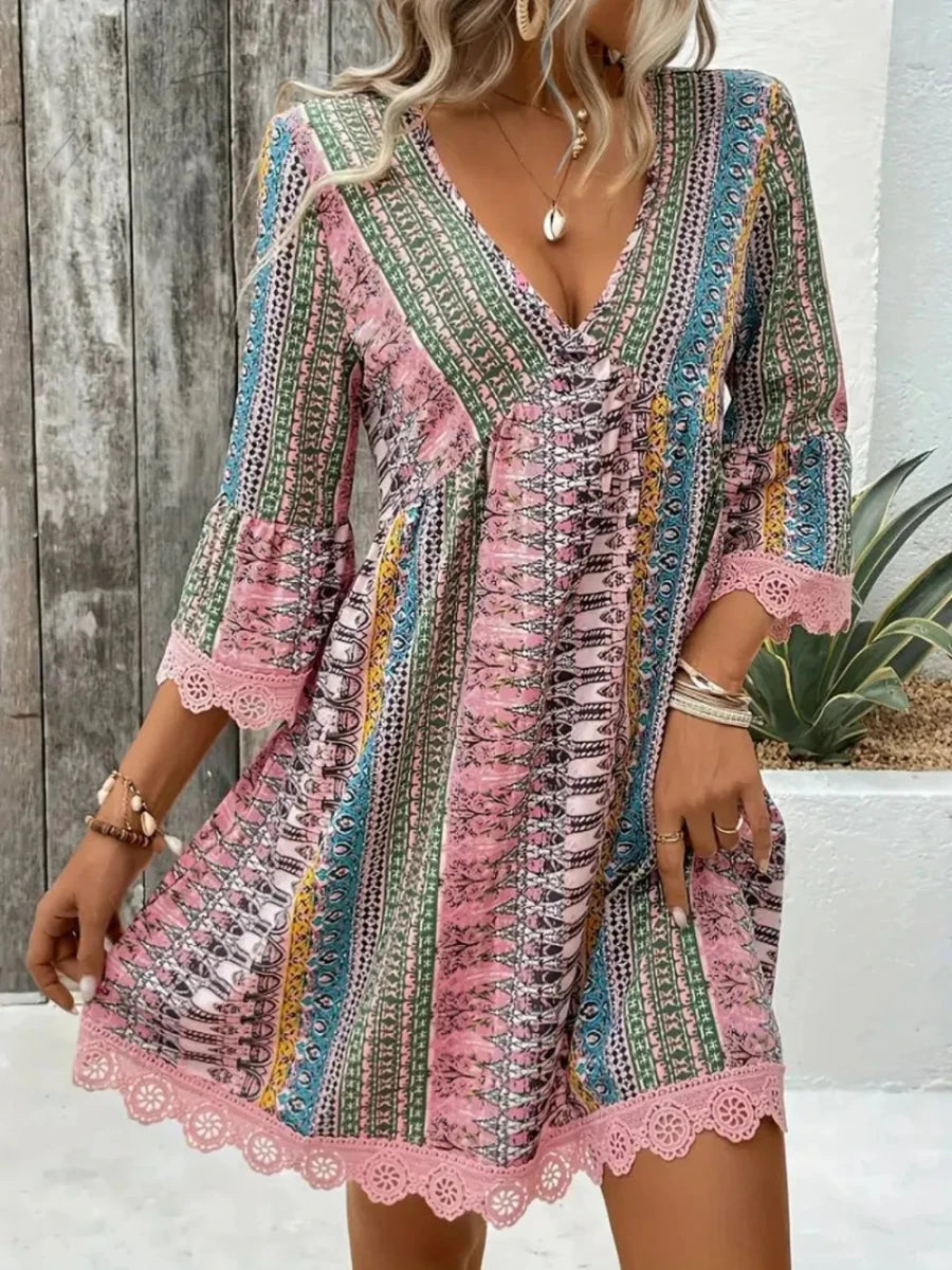 Lace Trim Printed V - Neck 3/4 Sleeve Dress - Wow Store
