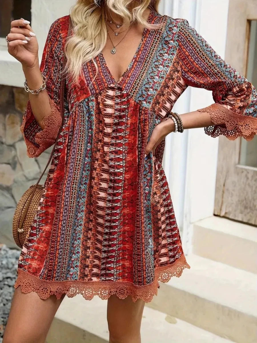 Lace Trim Printed V - Neck 3/4 Sleeve Dress - Wow Store
