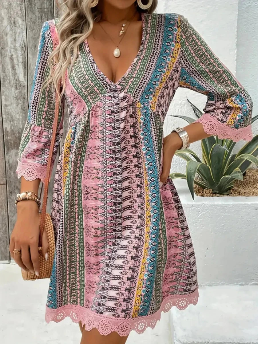 Lace Trim Printed V - Neck 3/4 Sleeve Dress - Wow Store