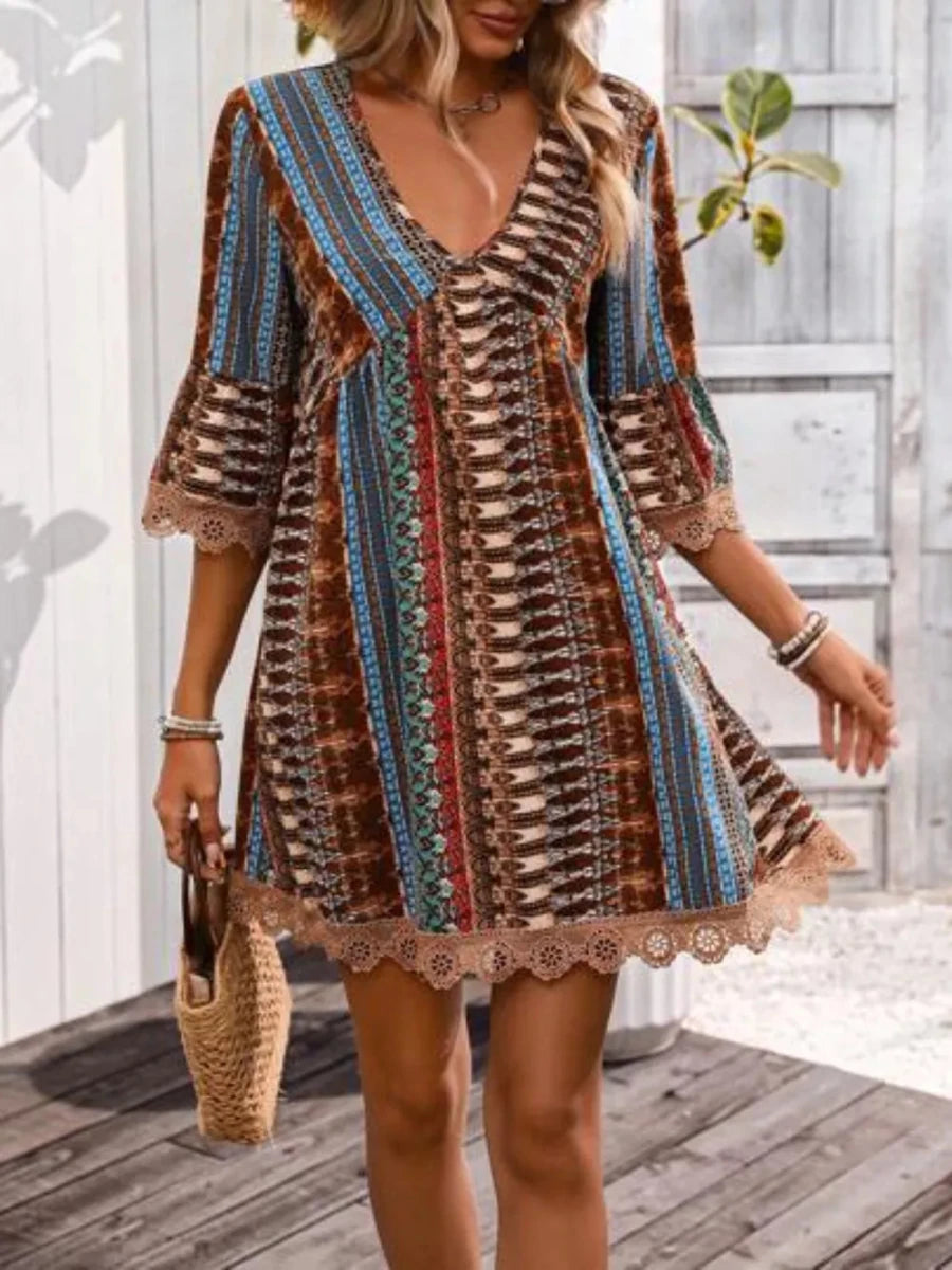 Lace Trim Printed V - Neck 3/4 Sleeve Dress - Wow Store