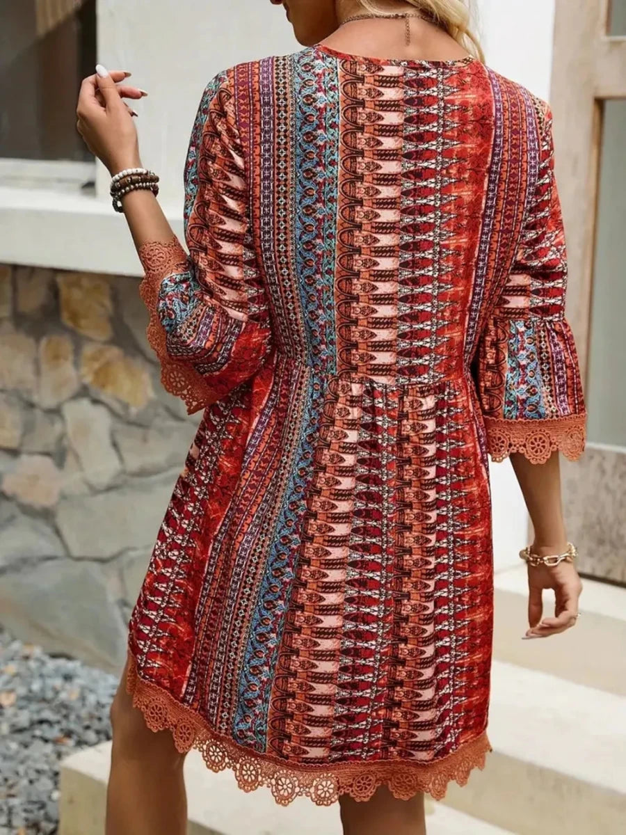 Lace Trim Printed V - Neck 3/4 Sleeve Dress - Wow Store
