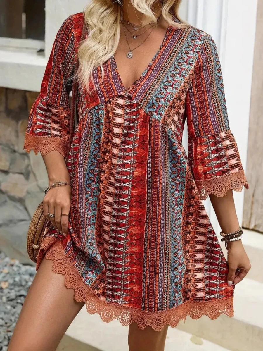 Lace Trim Printed V - Neck 3/4 Sleeve Dress - Wow Store