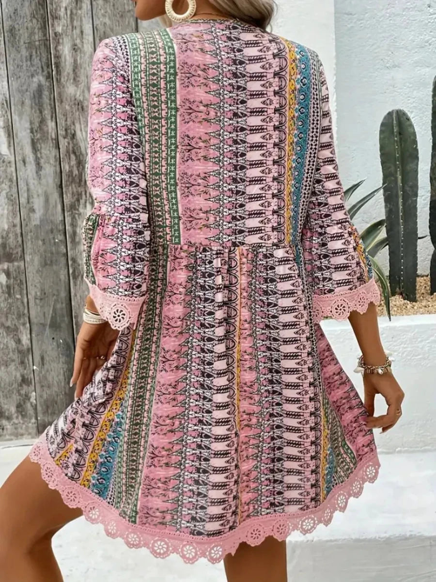 Lace Trim Printed V - Neck 3/4 Sleeve Dress - Wow Store