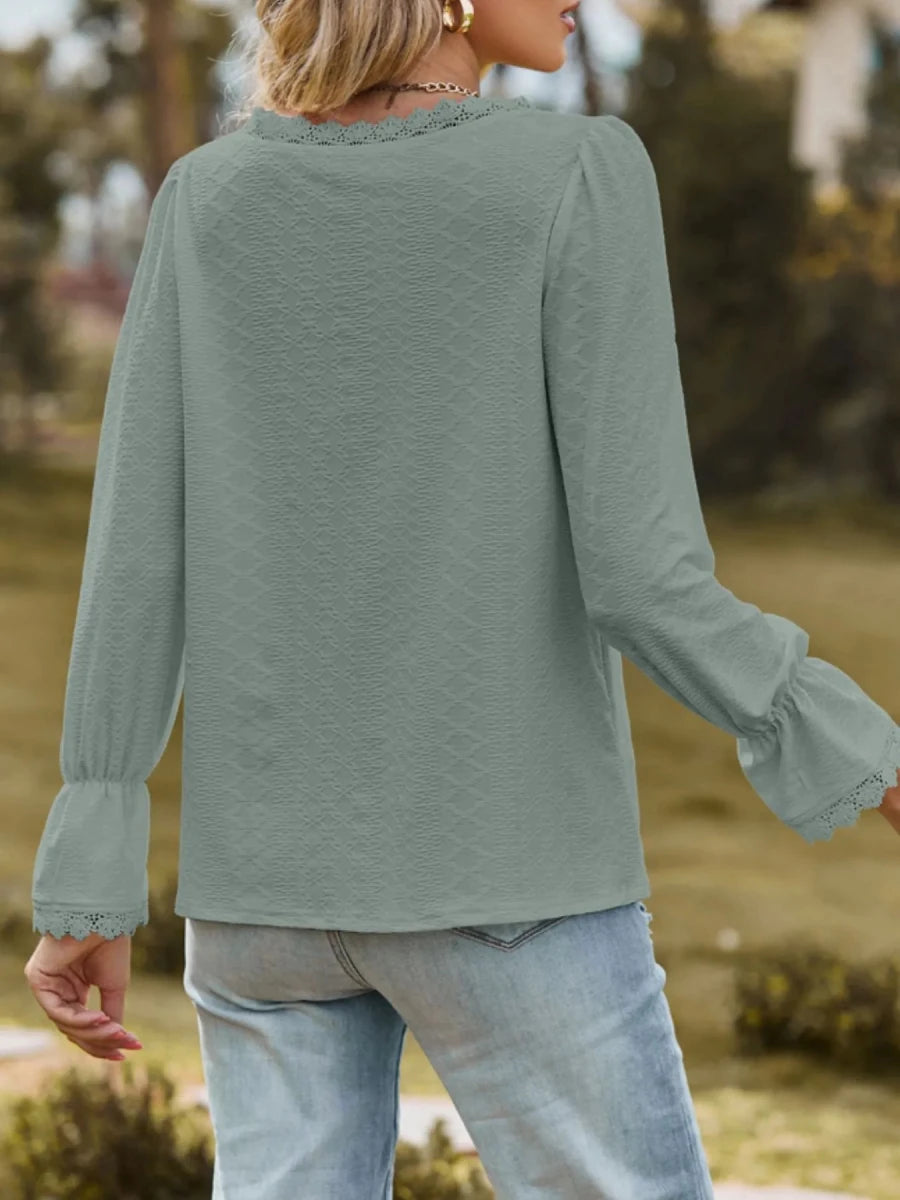 Lace Trim V - Neck Blouse with Flounce Sleeves - Wow Store
