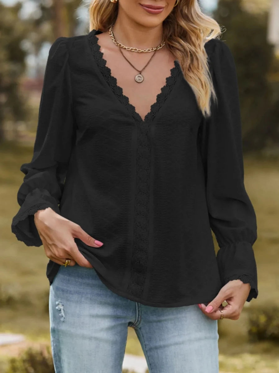 Lace Trim V - Neck Blouse with Flounce Sleeves - Wow Store