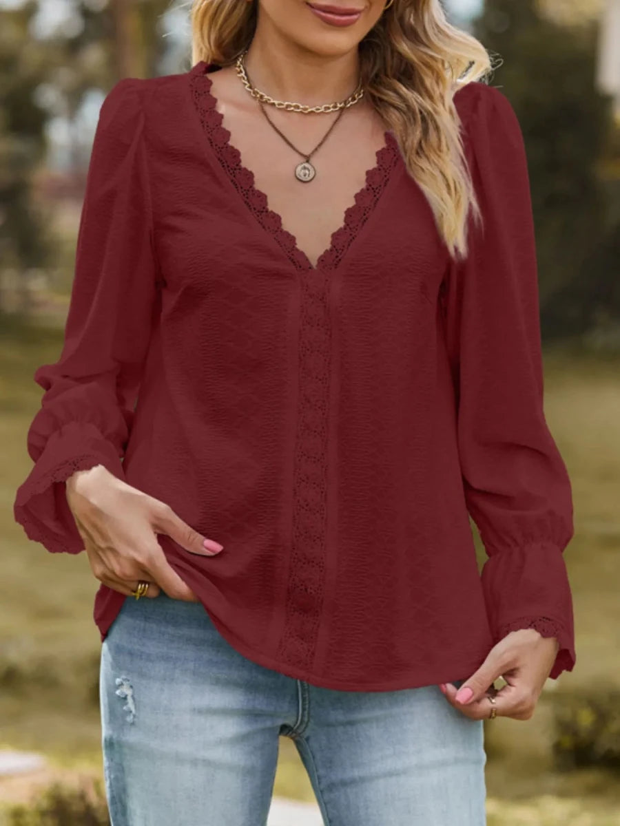 Lace Trim V - Neck Blouse with Flounce Sleeves - Wow Store