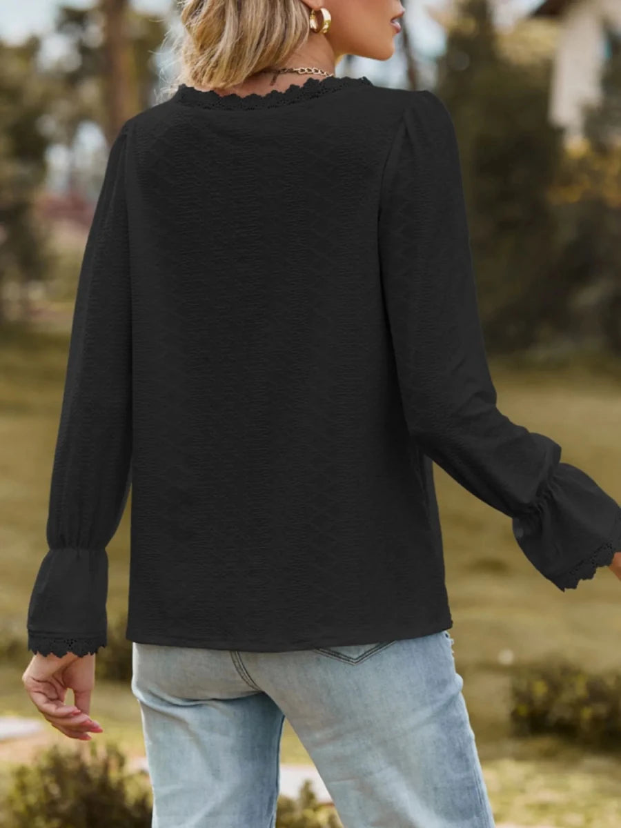 Lace Trim V - Neck Blouse with Flounce Sleeves - Wow Store