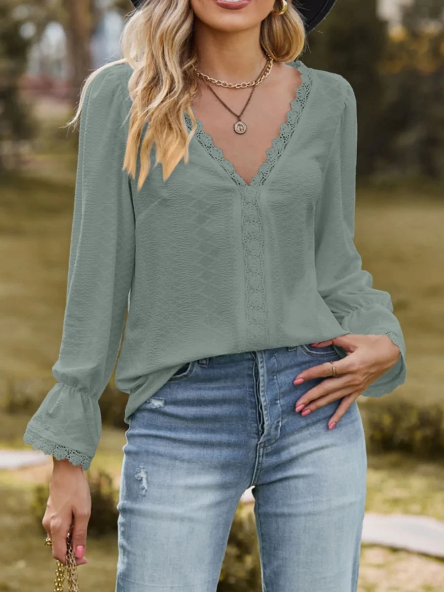 Lace Trim V - Neck Blouse with Flounce Sleeves - Wow Store