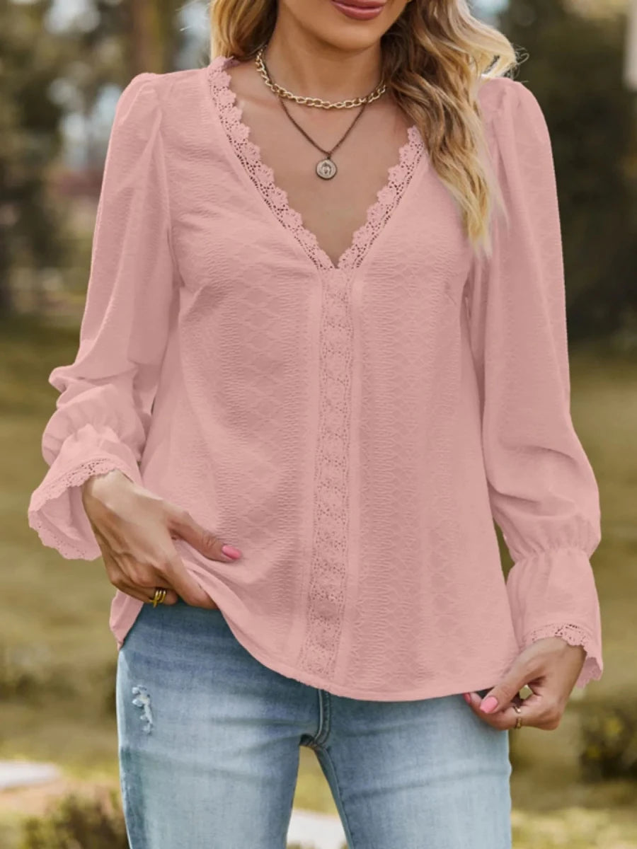 Lace Trim V - Neck Blouse with Flounce Sleeves - Wow Store