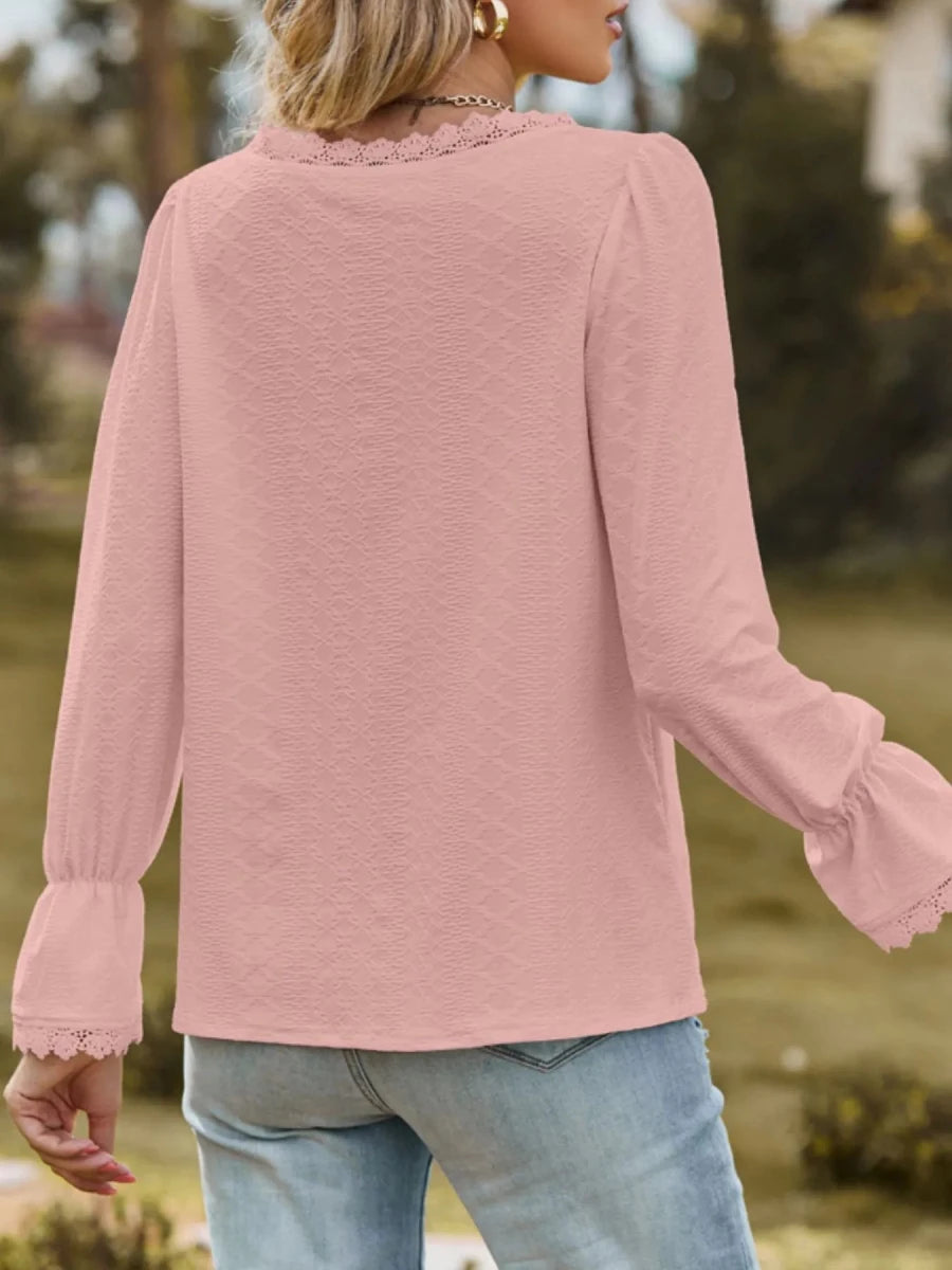 Lace Trim V - Neck Blouse with Flounce Sleeves - Wow Store