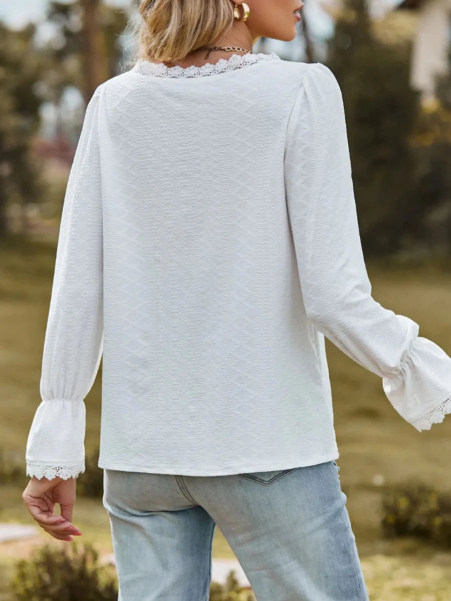 Lace Trim V - Neck Blouse with Flounce Sleeves - Wow Store