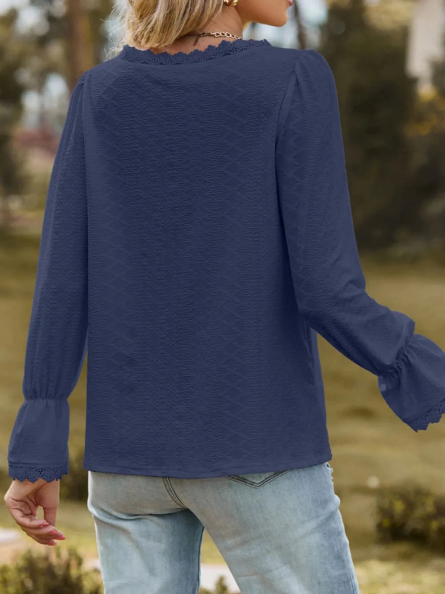 Lace Trim V - Neck Blouse with Flounce Sleeves - Wow Store