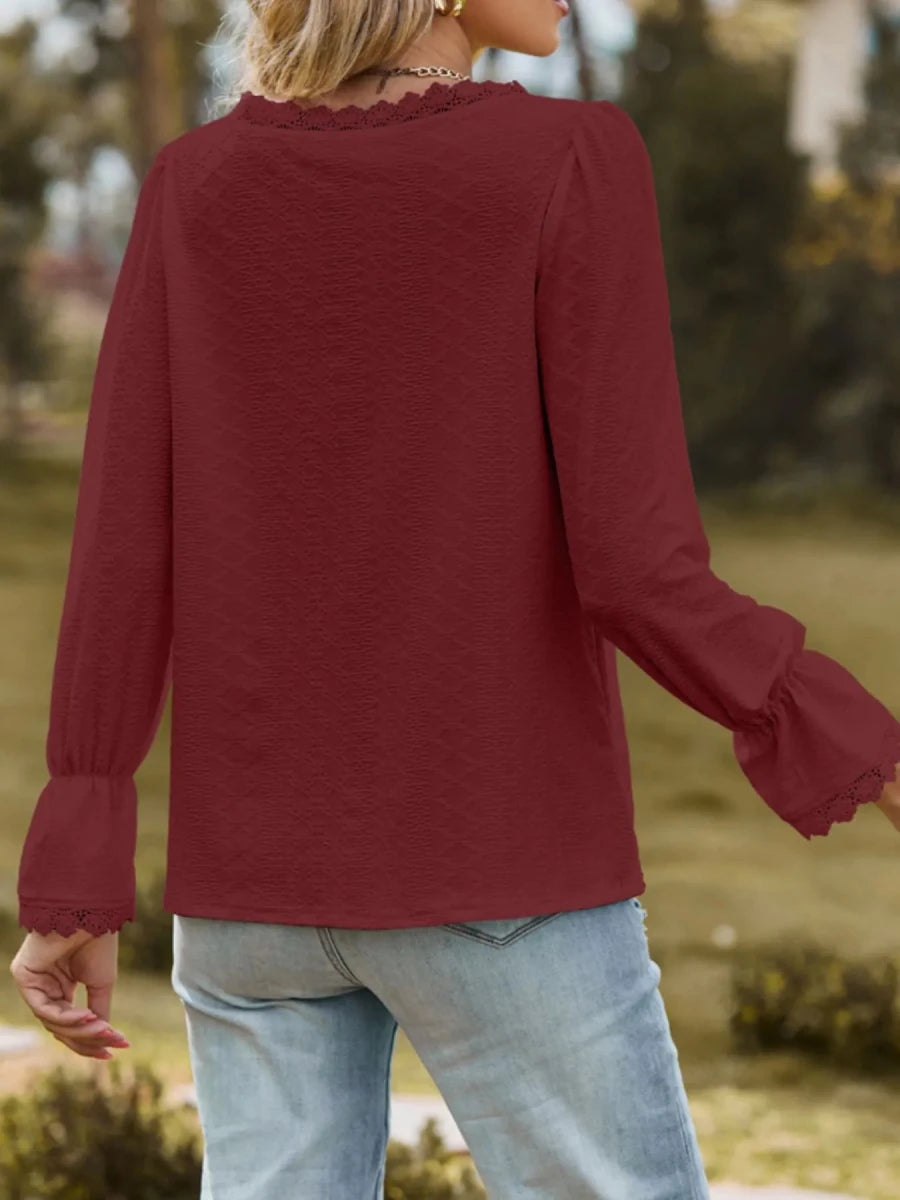 Lace Trim V - Neck Blouse with Flounce Sleeves - Wow Store
