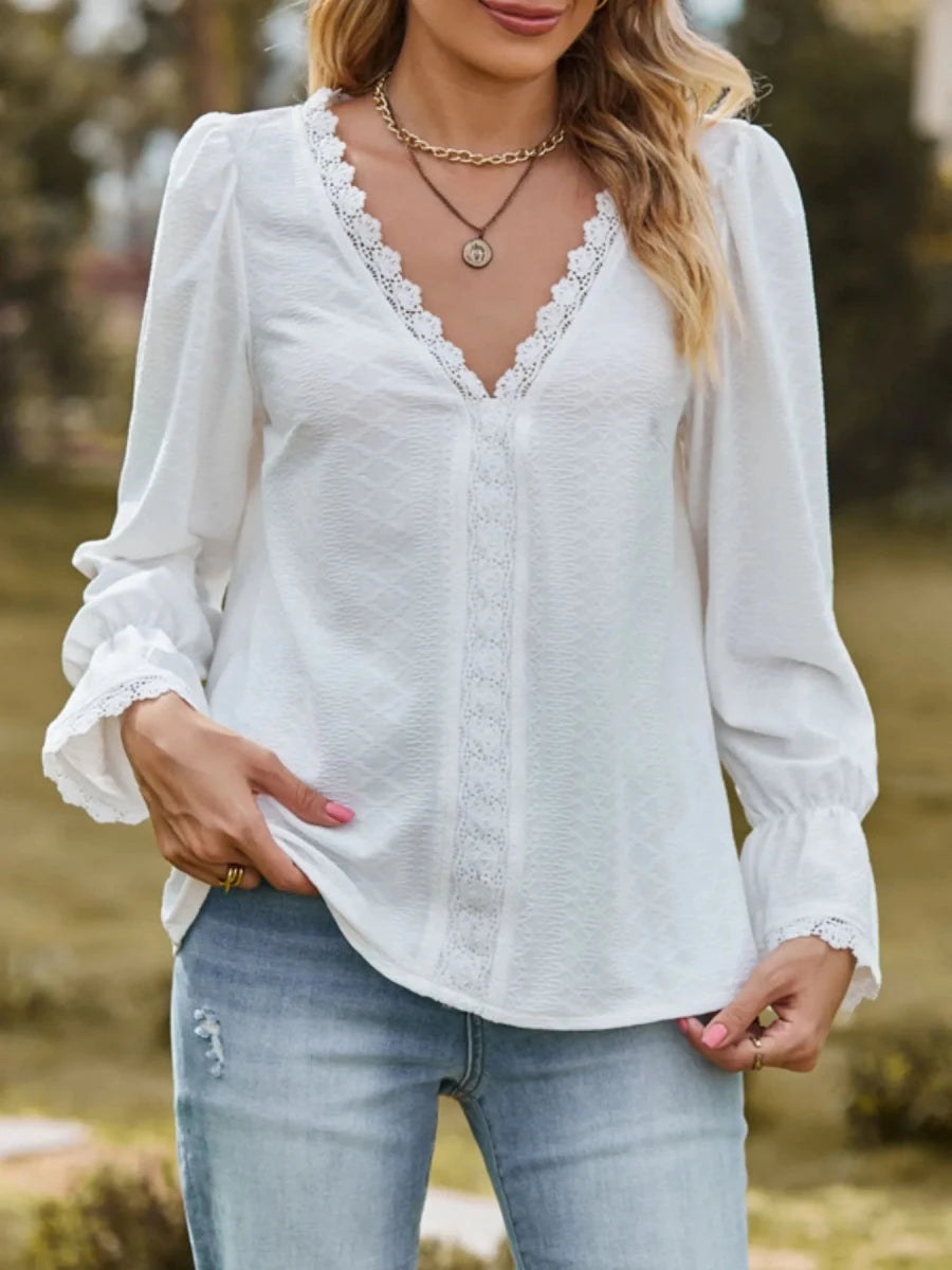 Lace Trim V - Neck Blouse with Flounce Sleeves - Wow Store