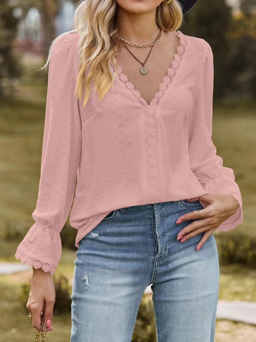 Lace Trim V - Neck Blouse with Flounce Sleeves - Wow Store