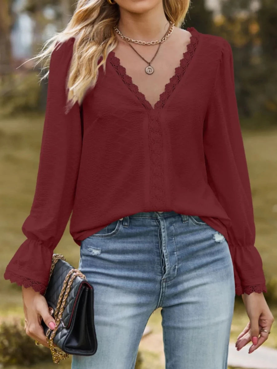 Lace Trim V - Neck Blouse with Flounce Sleeves - Wow Store