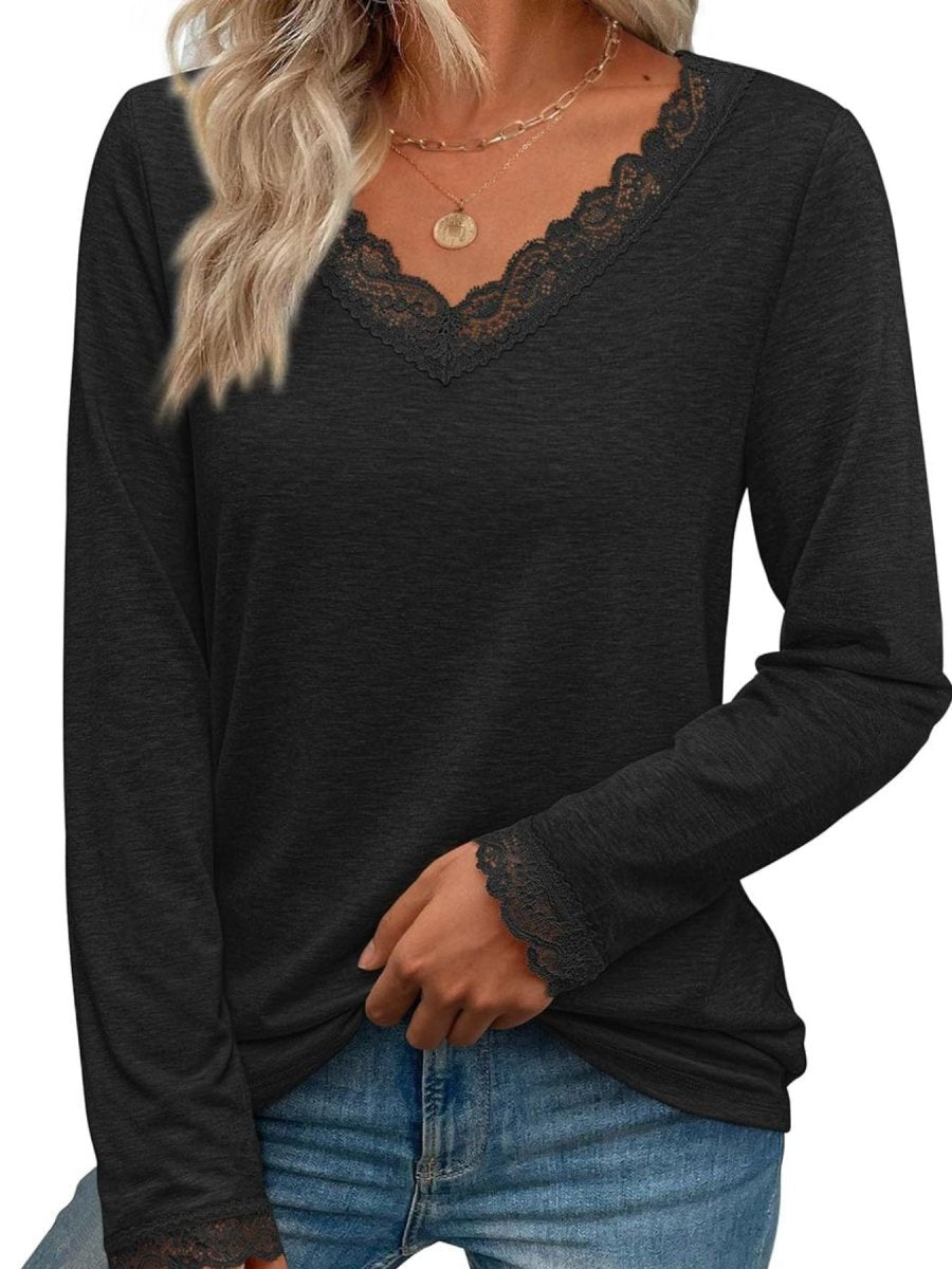 Lace Trim V - Neck Long Sleeve T-Shirt - Wow Store