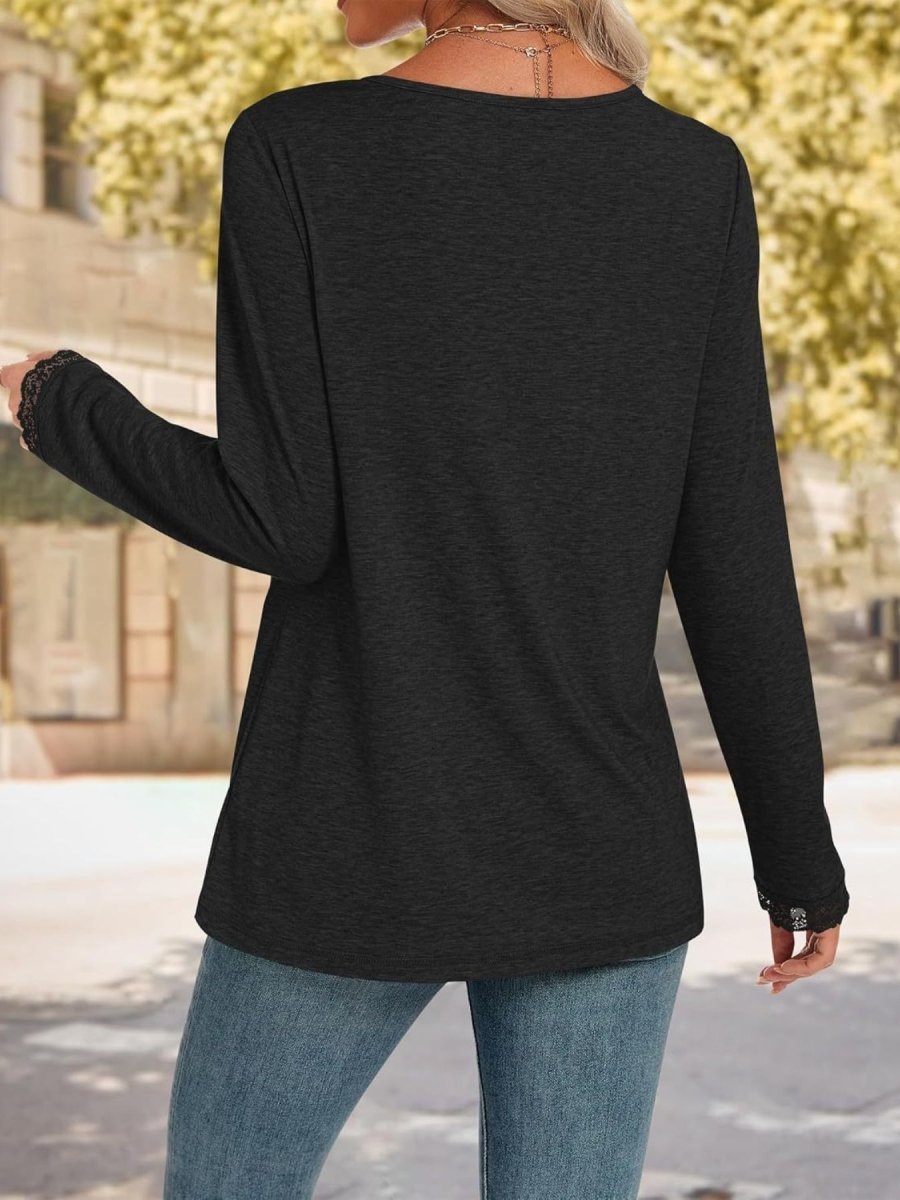 Lace Trim V - Neck Long Sleeve T-Shirt - Wow Store
