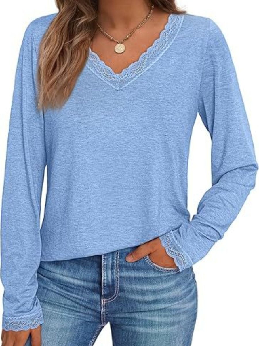 Lace Trim V - Neck Long Sleeve T-Shirt - Wow Store
