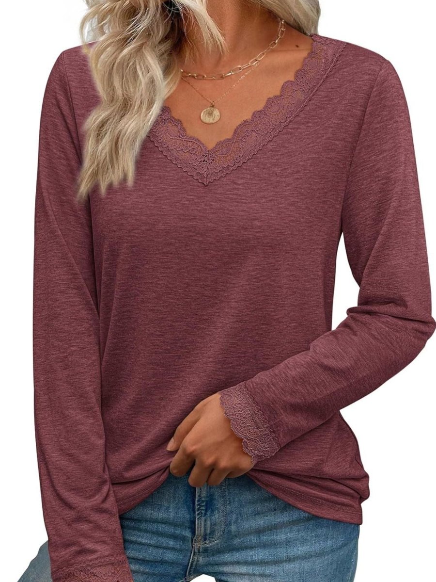 Lace Trim V - Neck Long Sleeve T-Shirt - Wow Store