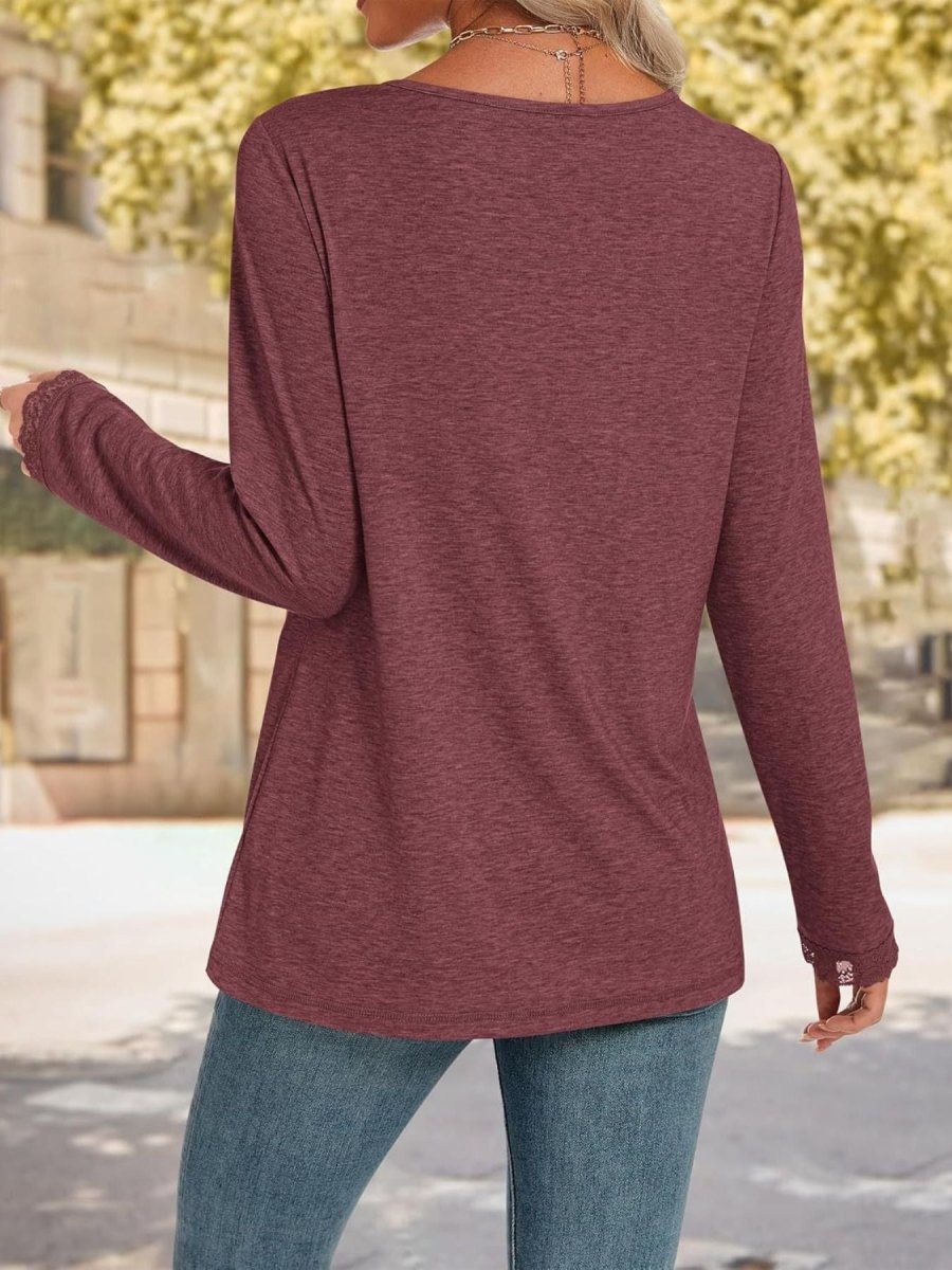 Lace Trim V - Neck Long Sleeve T-Shirt - Wow Store