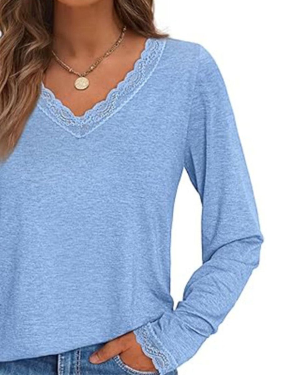 Lace Trim V - Neck Long Sleeve T-Shirt - Wow Store