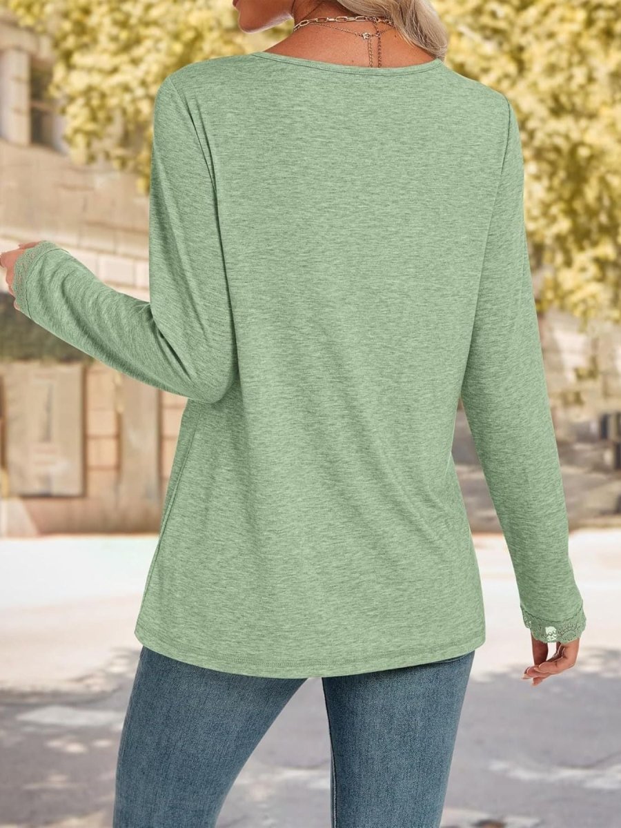 Lace Trim V - Neck Long Sleeve T-Shirt - Wow Store