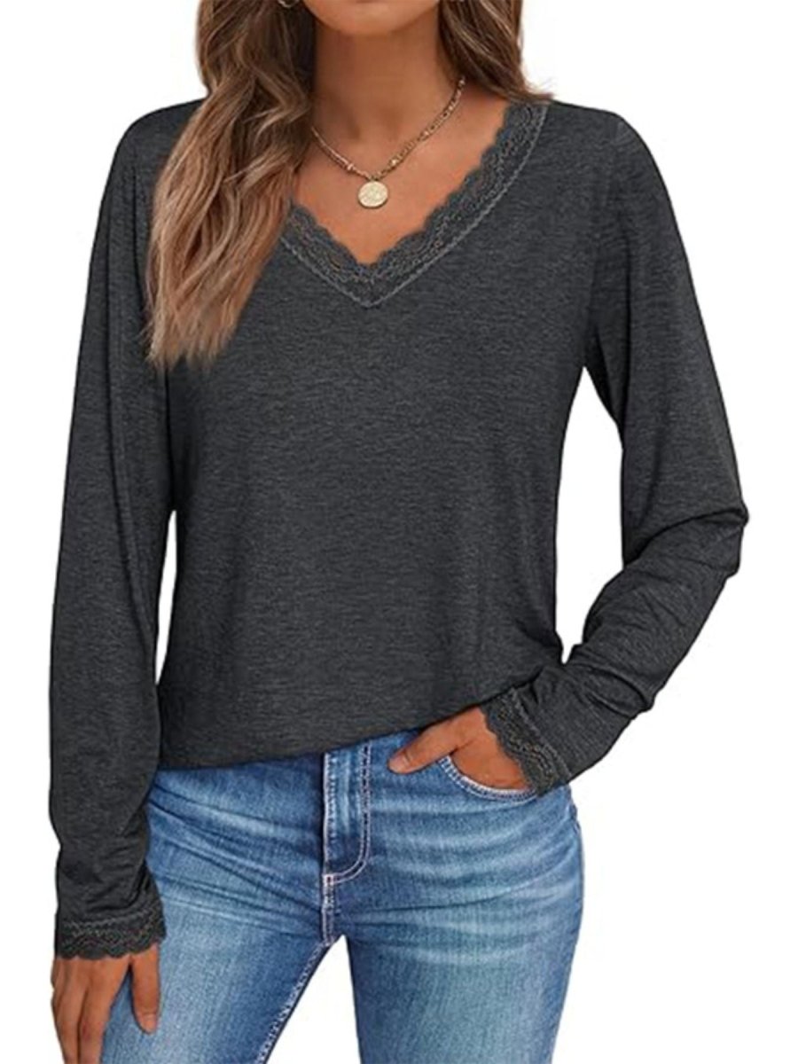 Lace Trim V - Neck Long Sleeve T-Shirt - Wow Store