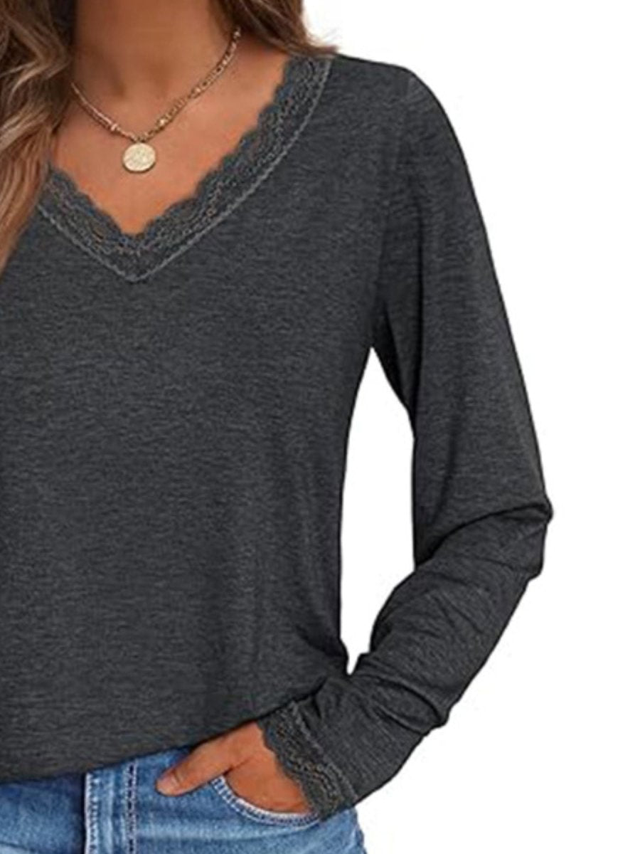 Lace Trim V - Neck Long Sleeve T-Shirt - Wow Store