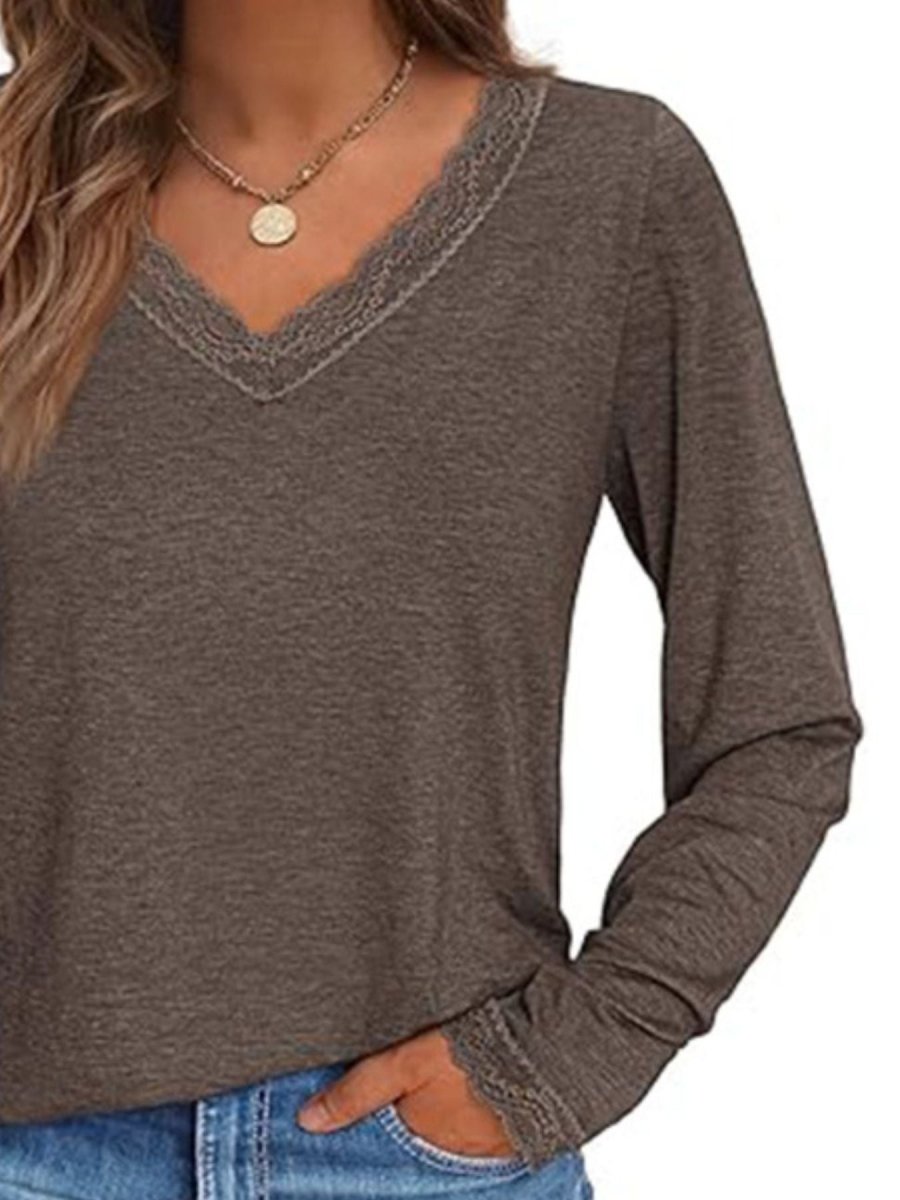 Lace Trim V - Neck Long Sleeve T-Shirt - Wow Store