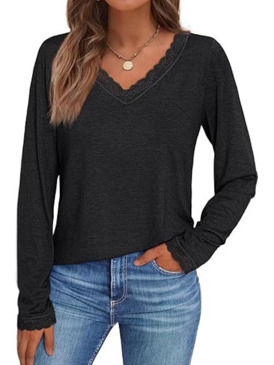 Lace Trim V - Neck Long Sleeve T-Shirt - Wow Store