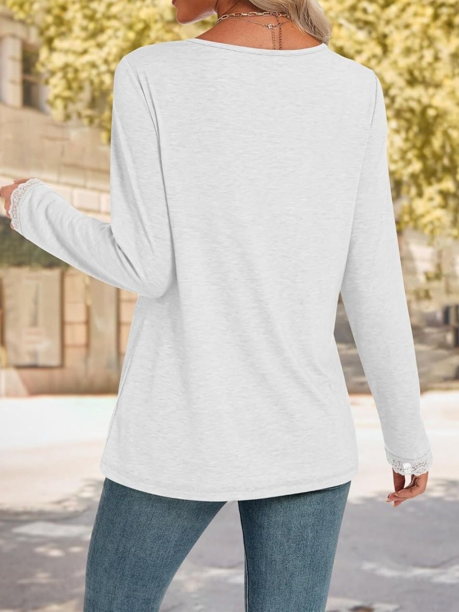 Lace Trim V - Neck Long Sleeve T-Shirt - Wow Store