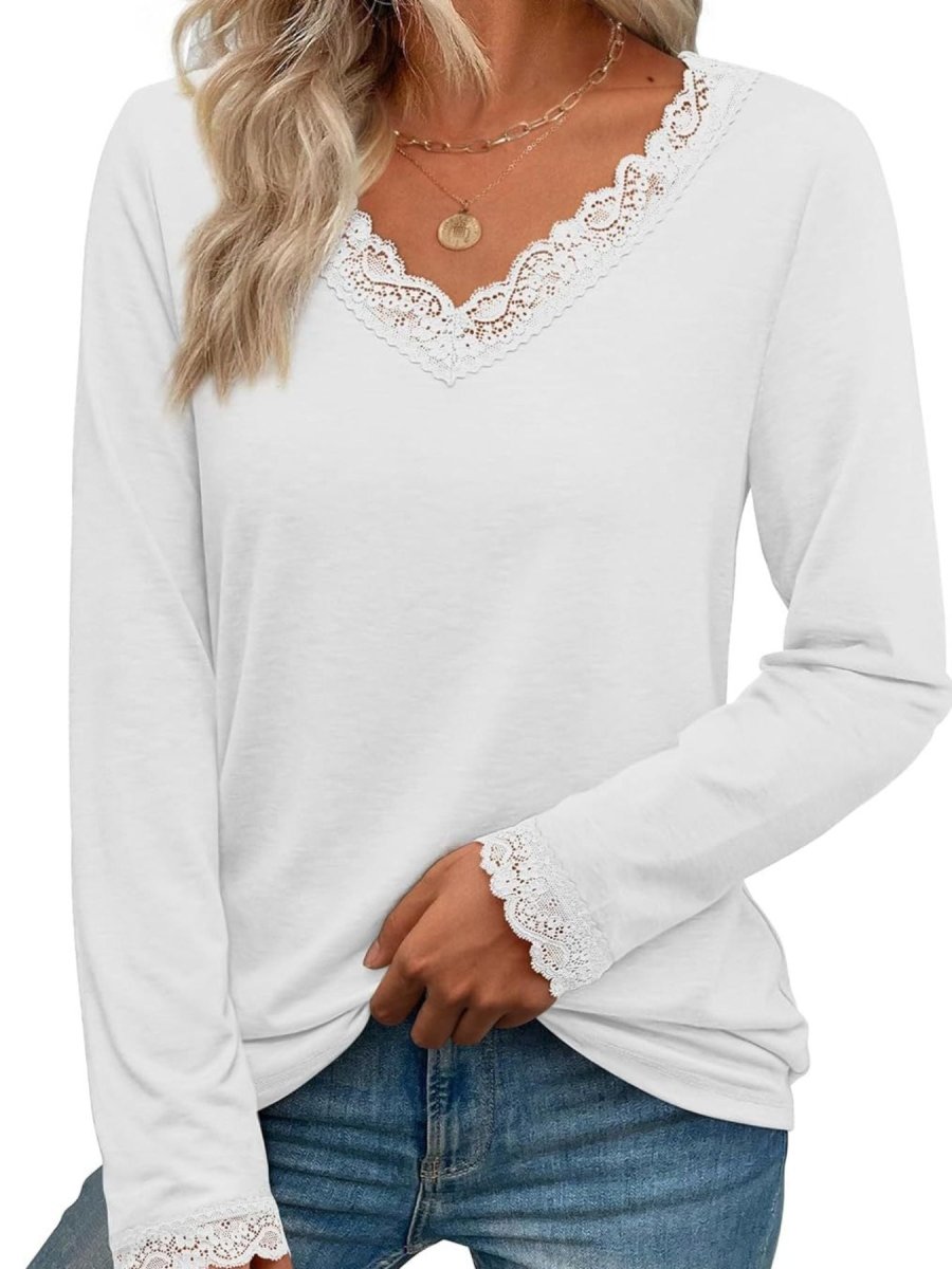 Lace Trim V - Neck Long Sleeve T-Shirt - Wow Store