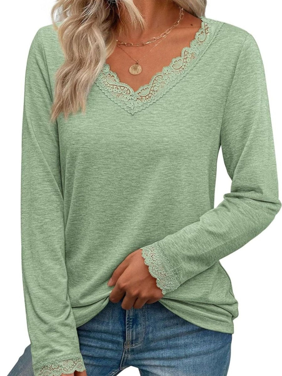 Elegant lace trim v-neck long sleeve t-shirt in soft fabric with delicate neckline detail