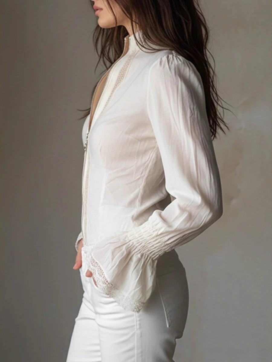Lace Trim Zip - Up Shirt - Wow Store