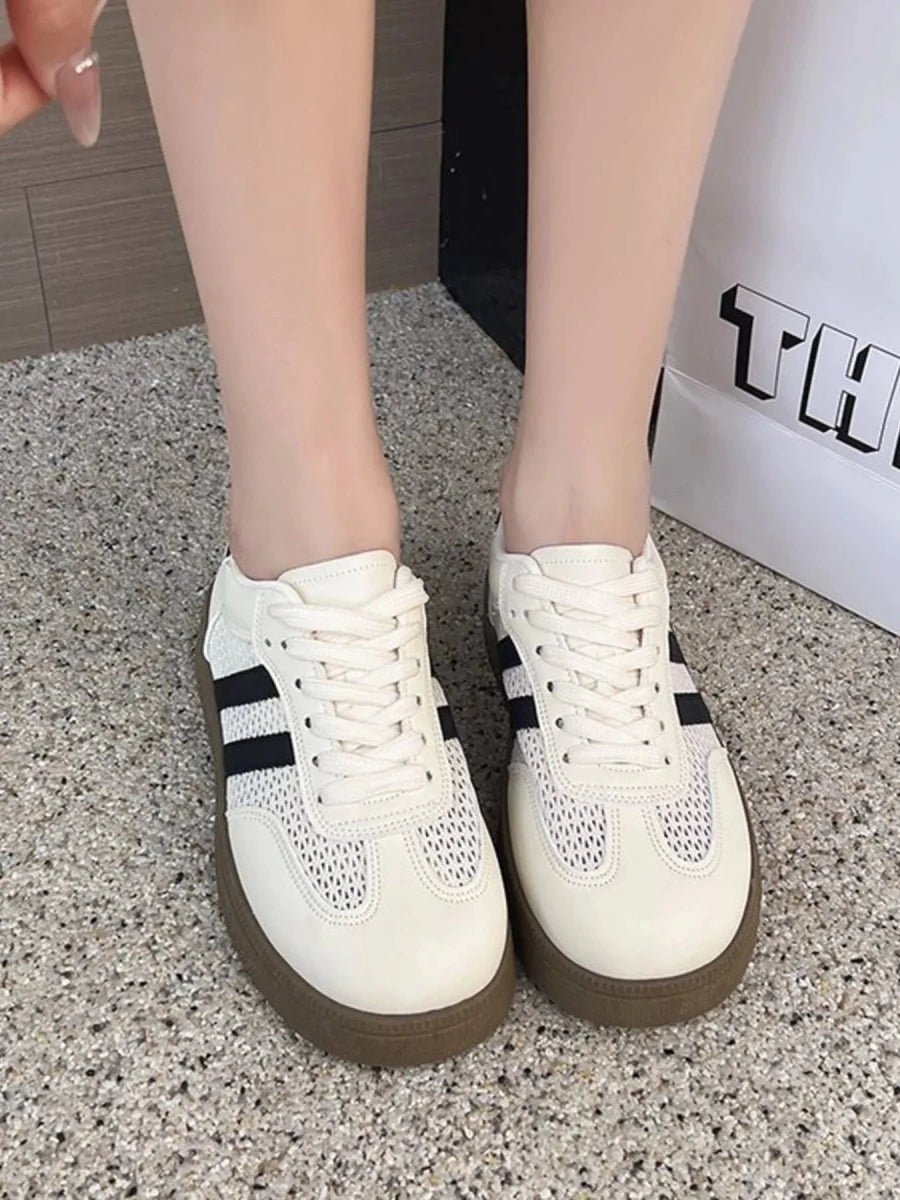 Lace-Up Round Toe Platform Sneakers in black mesh and PU leather with rubber sole — low heel comfort sneaker
