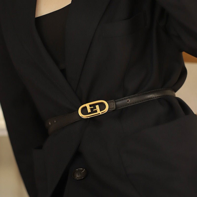 Black leather belt with golden metallic buckle - Premium fashion accessory from WowStore.live