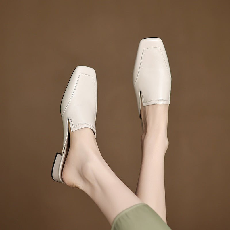 Leather Square-Toe Mules with 3 cm Block Heel - WowStore.live